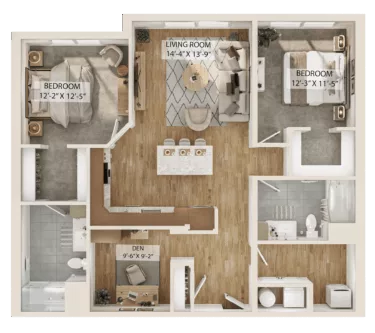 Rendering of the 2 Bed/2 Bath Den-B5D floor plan with 2 bedroom[s] and 2 bathroom[s] at Piper