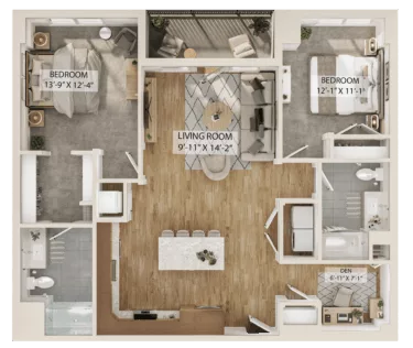 Rendering of the 2 Bed/2 Bath Den-B7D floor plan with 2 bedroom[s] and 2 bathroom[s] at Piper