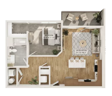 Rendering of the 1 Bed/1 Bath-A3 floor plan with 1 bedroom[s] and 1 bathroom[s] at Piper