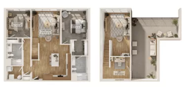 Rendering of the 2 Bed/2 Bath Loft-B1L floor plan with 2 bedroom[s] and 2 bathroom[s] at Piper
