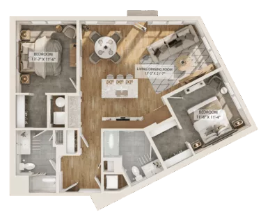 Rendering of the 2 Bed/2 Bath-B3 floor plan with 2 bedroom[s] and 2 bathroom[s] at Piper