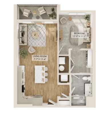Rendering of the 1 Bed/1 Bath-A1 floor plan with 1 bedroom[s] and 1 bathroom[s] at Piper