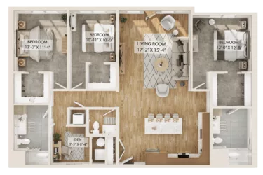 Rendering of the 3 Bed/2 Bath Den-C3D floor plan with 3 bedroom[s] and 2 bathroom[s] at Piper