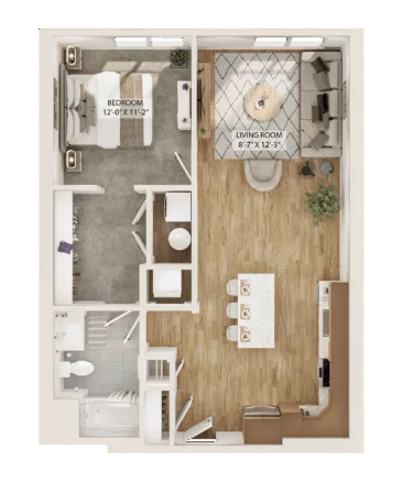 Rendering of the 1 Bed/1 Bath-A4 floor plan with 1 bedroom[s] and 1 bathroom[s] at Piper