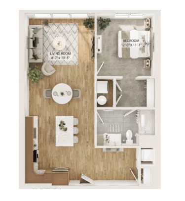 Rendering of the 1 Bed/1 Bath Den-A1D floor plan with 1 bedroom[s] and 1 bathroom[s] at Piper