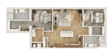 Rendering of the 2 Bed/2 Bath-B2 floor plan with 2 bedroom[s] and 2 bathroom[s] at Piper