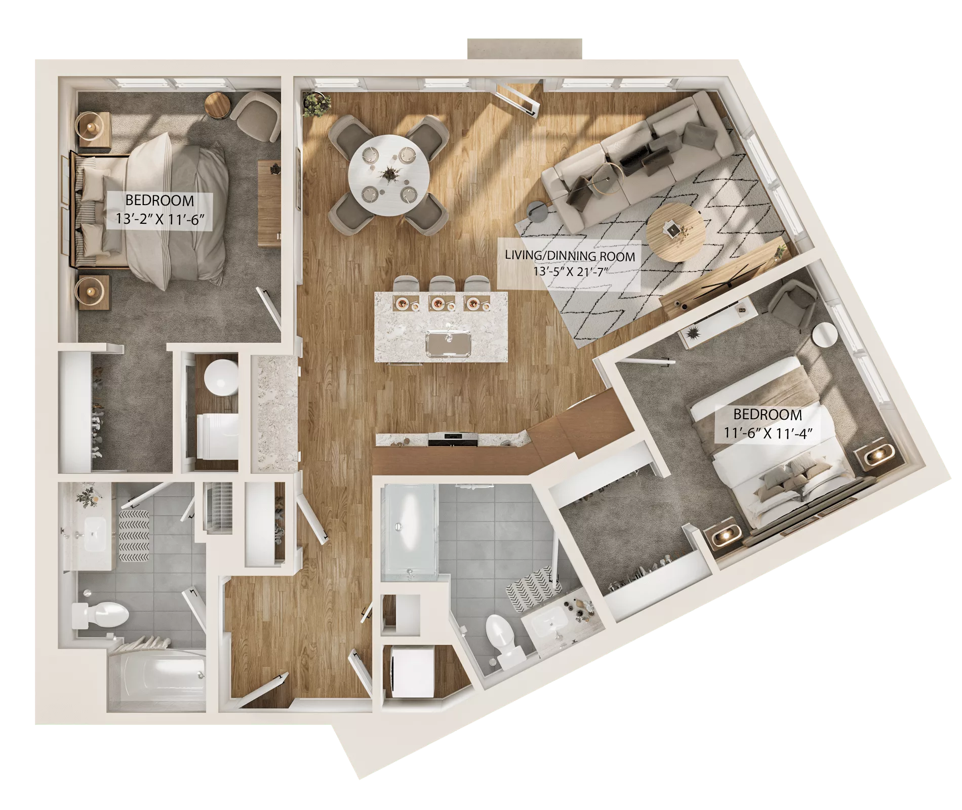 Rendering of the 2 Bed/2 Bath-B3 floor plan with 2 bedroom[s] and 2 bathroom[s] at Piper