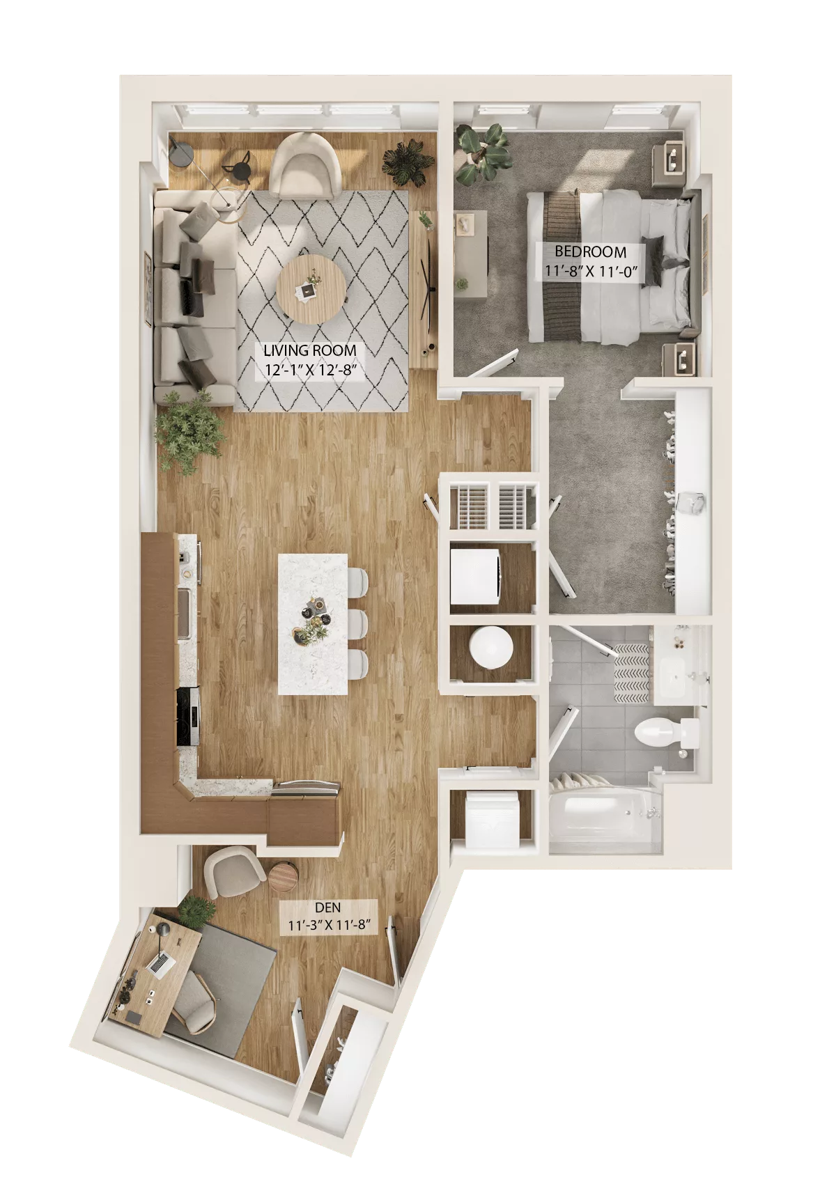 Rendering of the 1 Bed/1 Bath Den-A7D floor plan with 1 bedroom[s] and 1 bathroom[s] at Piper