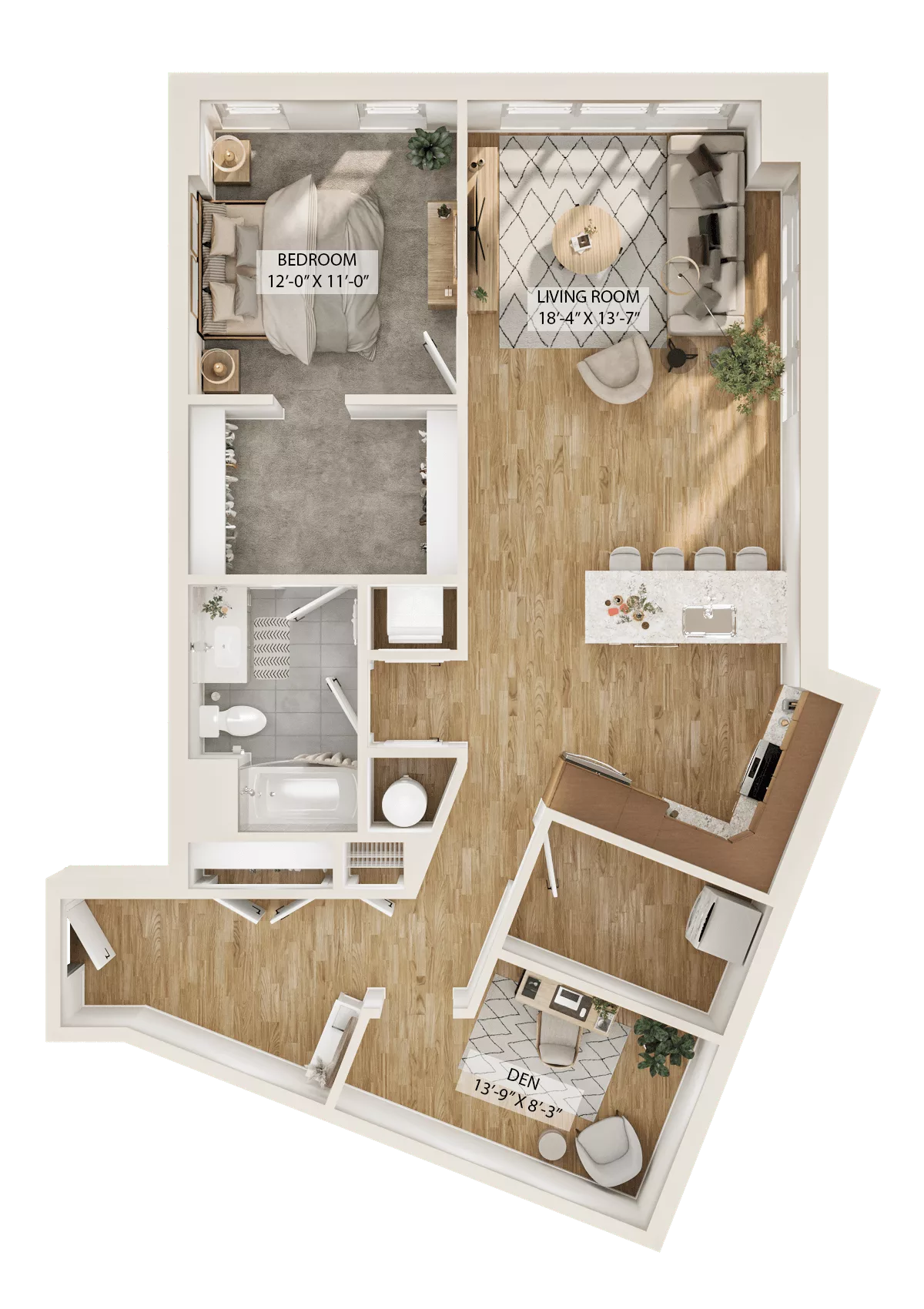 Rendering of the 1 Bed/1 Bath Den-A6D floor plan with 1 bedroom[s] and 1 bathroom[s] at Piper