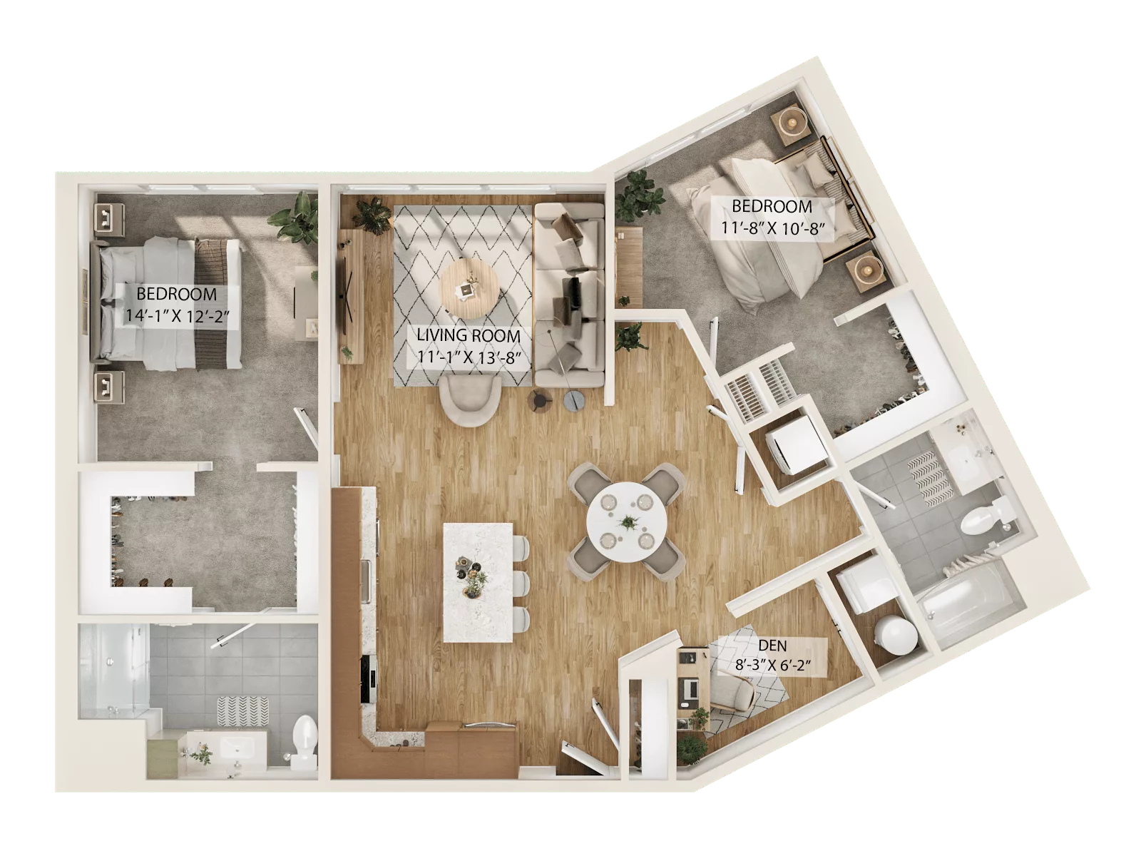 Rendering of the 2 Bed/2 Bath Den-B2D floor plan with 2 bedroom[s] and 2 bathroom[s] at Piper
