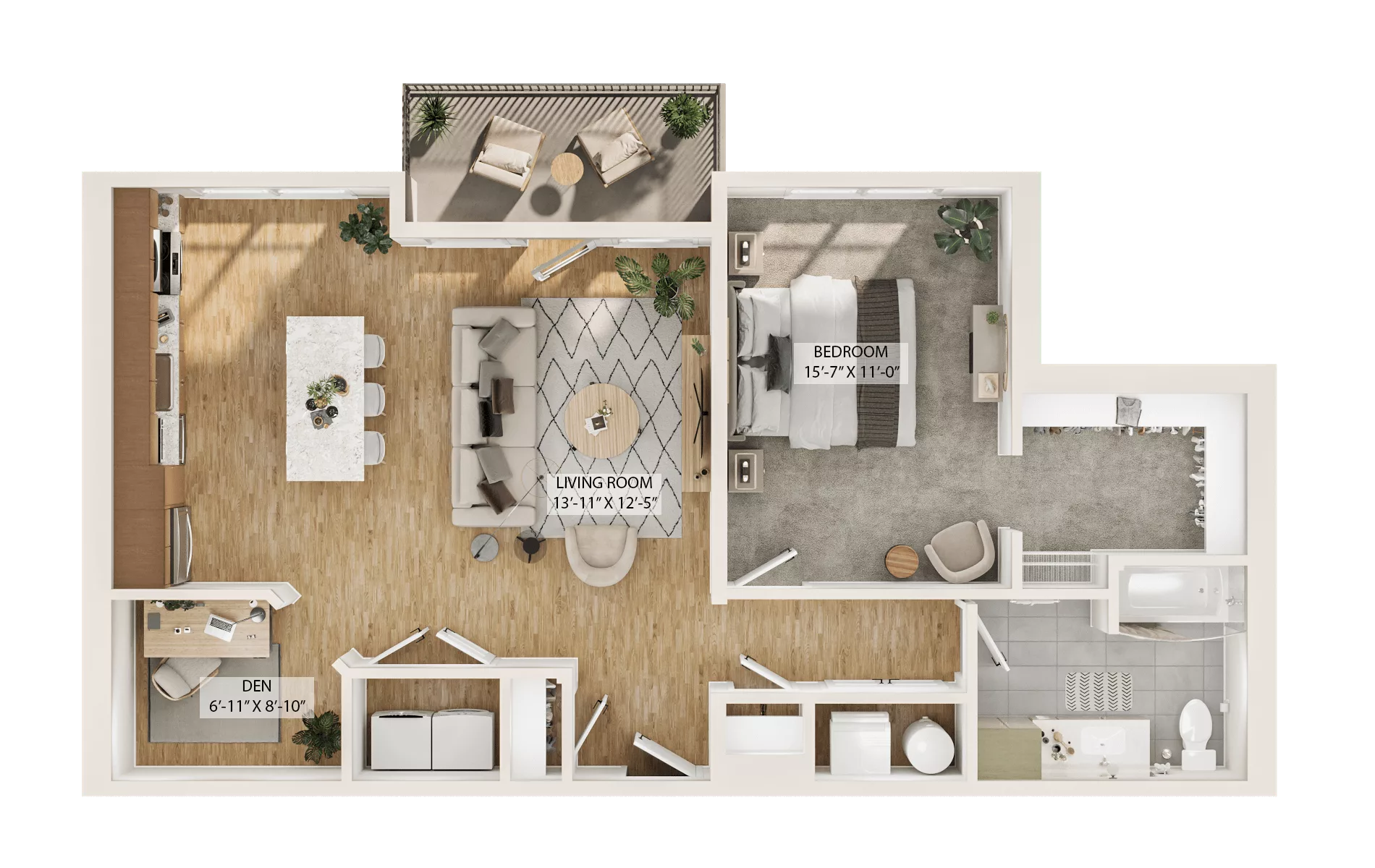 Rendering of the 1 Bed/1 Bath Den-A4D floor plan with 1 bedroom[s] and 1 bathroom[s] at Piper