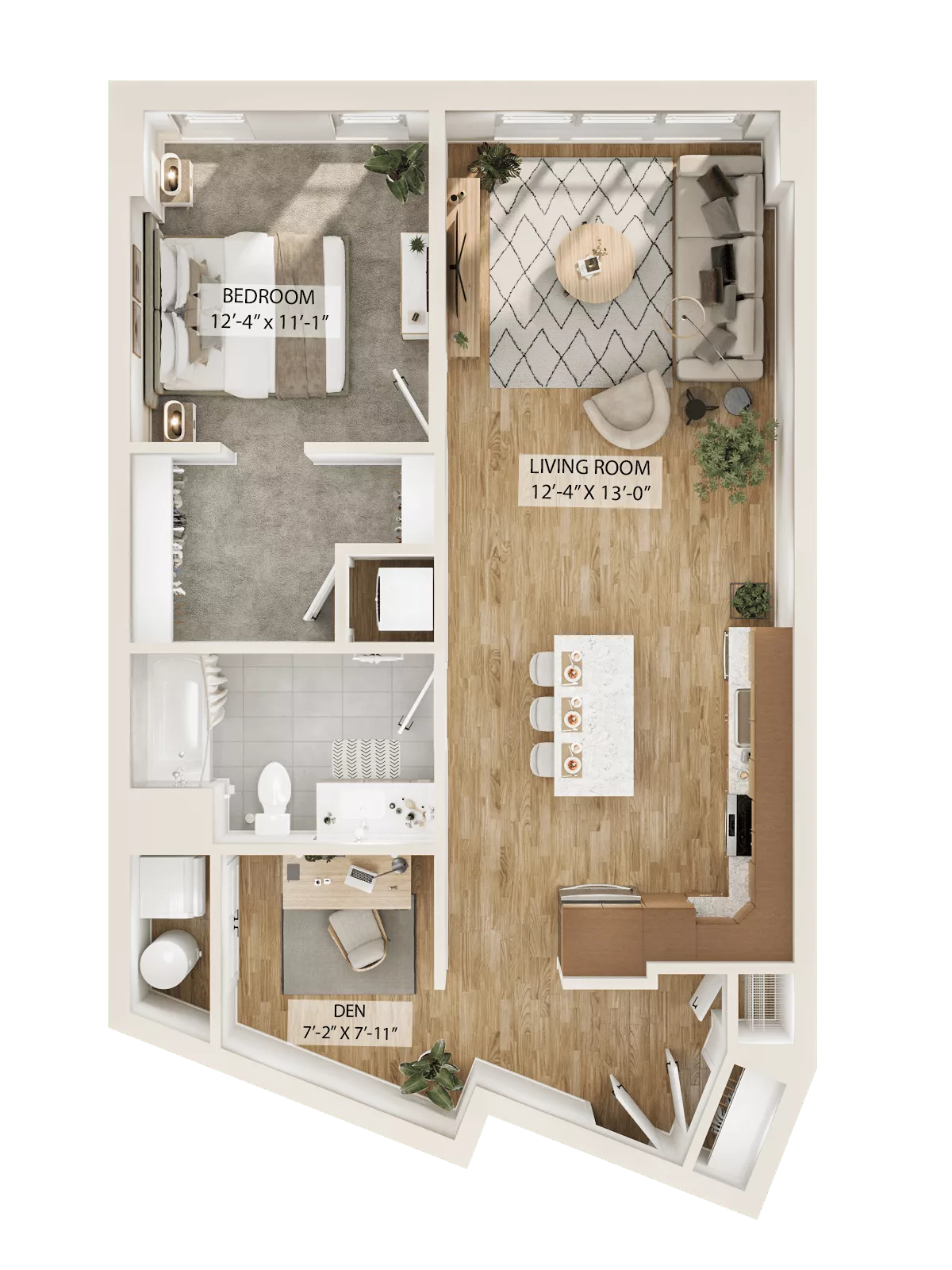 Rendering of the 1 Bed/1 Bath Den-A8D floor plan with 1 bedroom[s] and 1 bathroom[s] at Piper