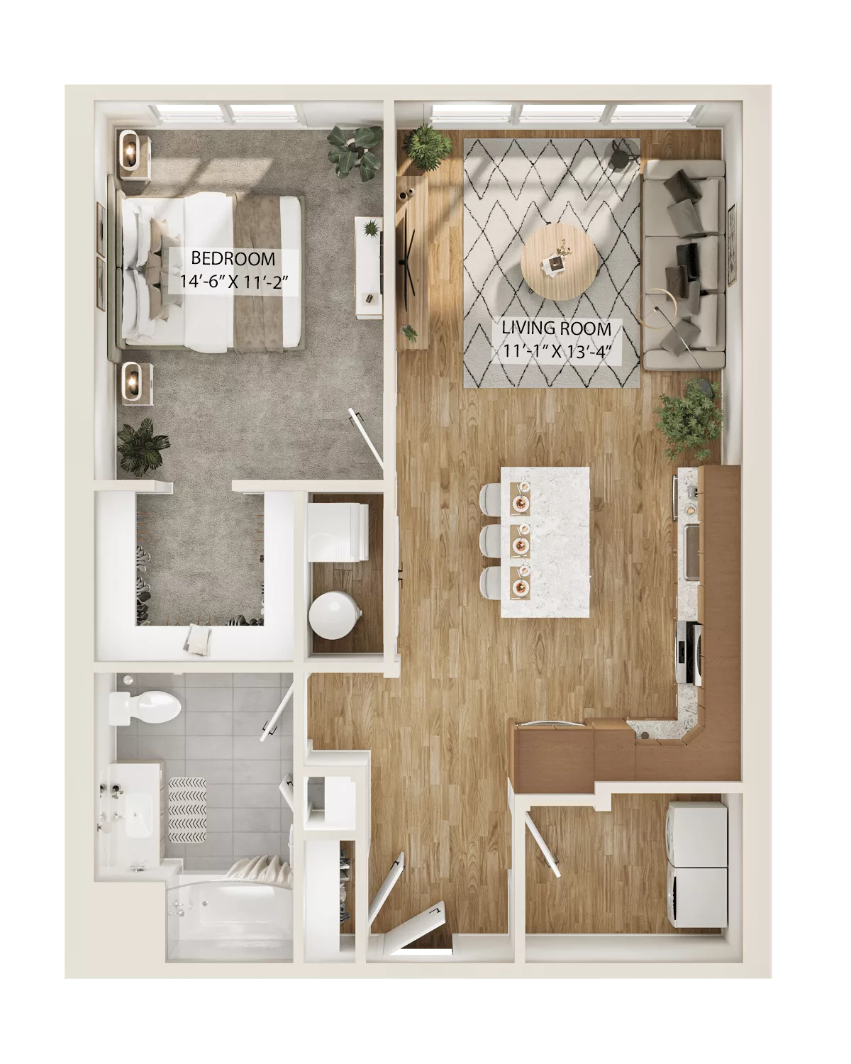 Rendering of the 1 Bed/1 Bath-A6 floor plan with 1 bedroom[s] and 1 bathroom[s] at Piper