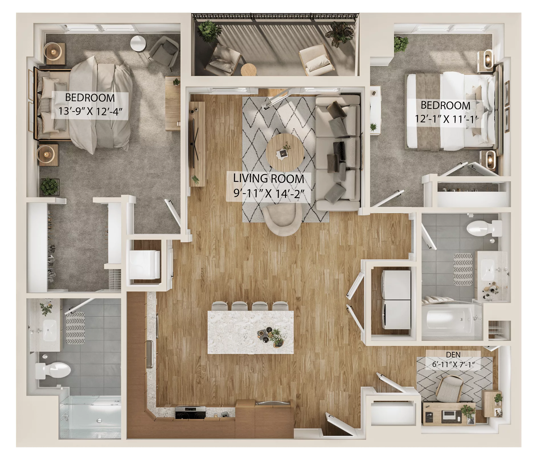 Rendering of the 2 Bed/2 Bath Den-B7D floor plan with 2 bedroom[s] and 2 bathroom[s] at Piper
