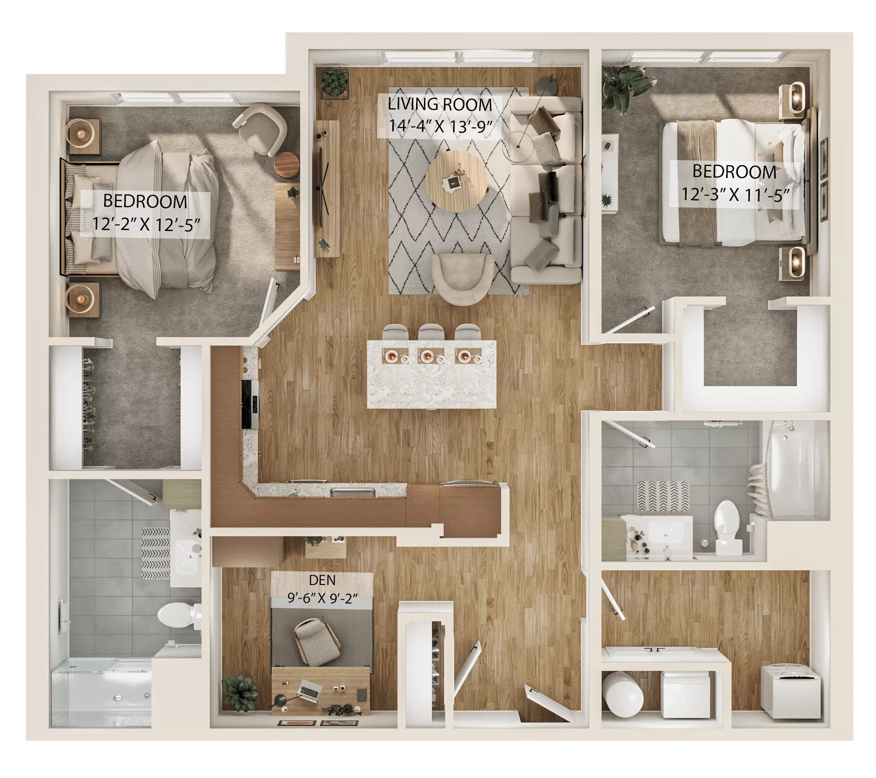Rendering of the 2 Bed/2 Bath Den-B5D floor plan with 2 bedroom[s] and 2 bathroom[s] at Piper