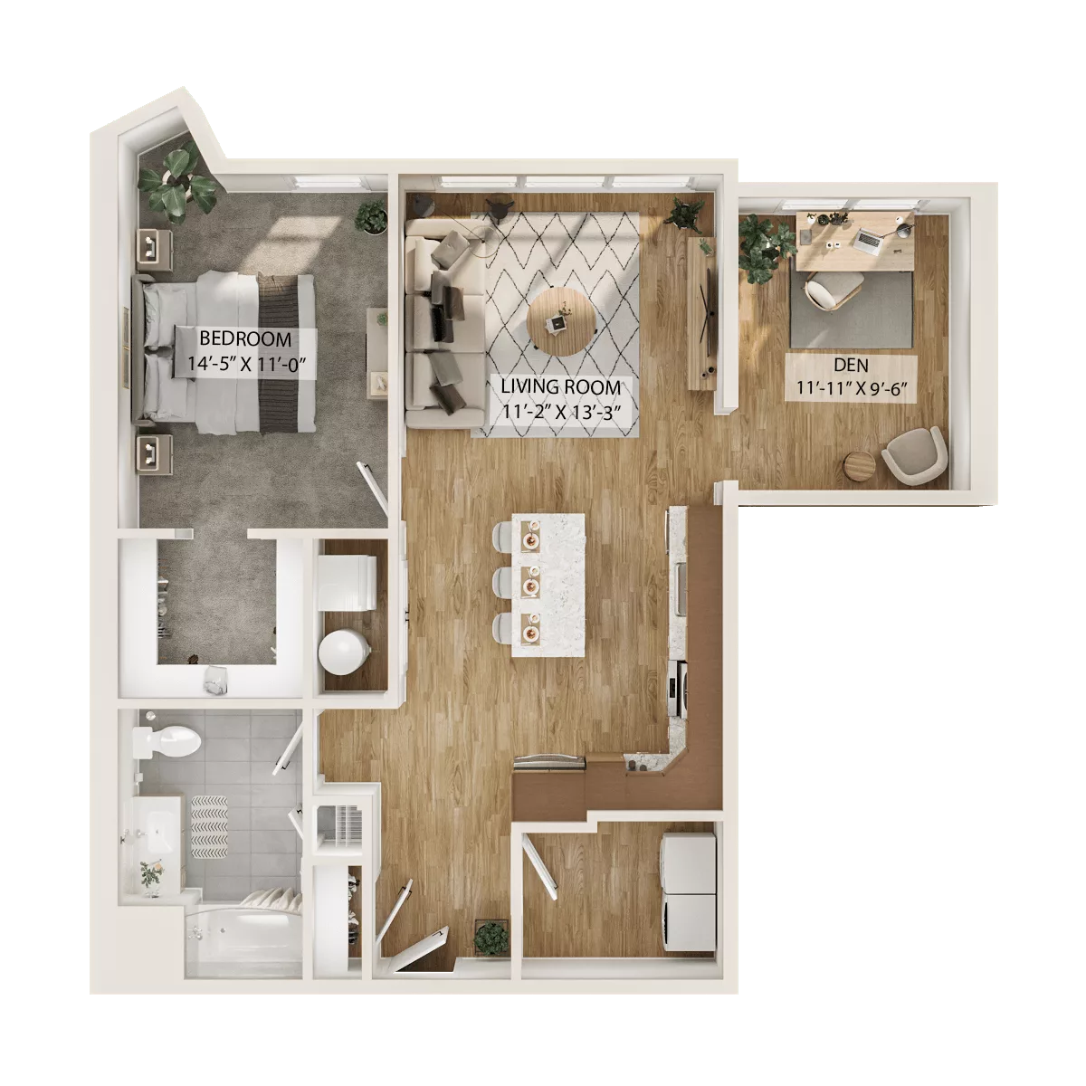 Rendering of the 1 Bed/1 Bath Den-A2D floor plan with 1 bedroom[s] and 1 bathroom[s] at Piper