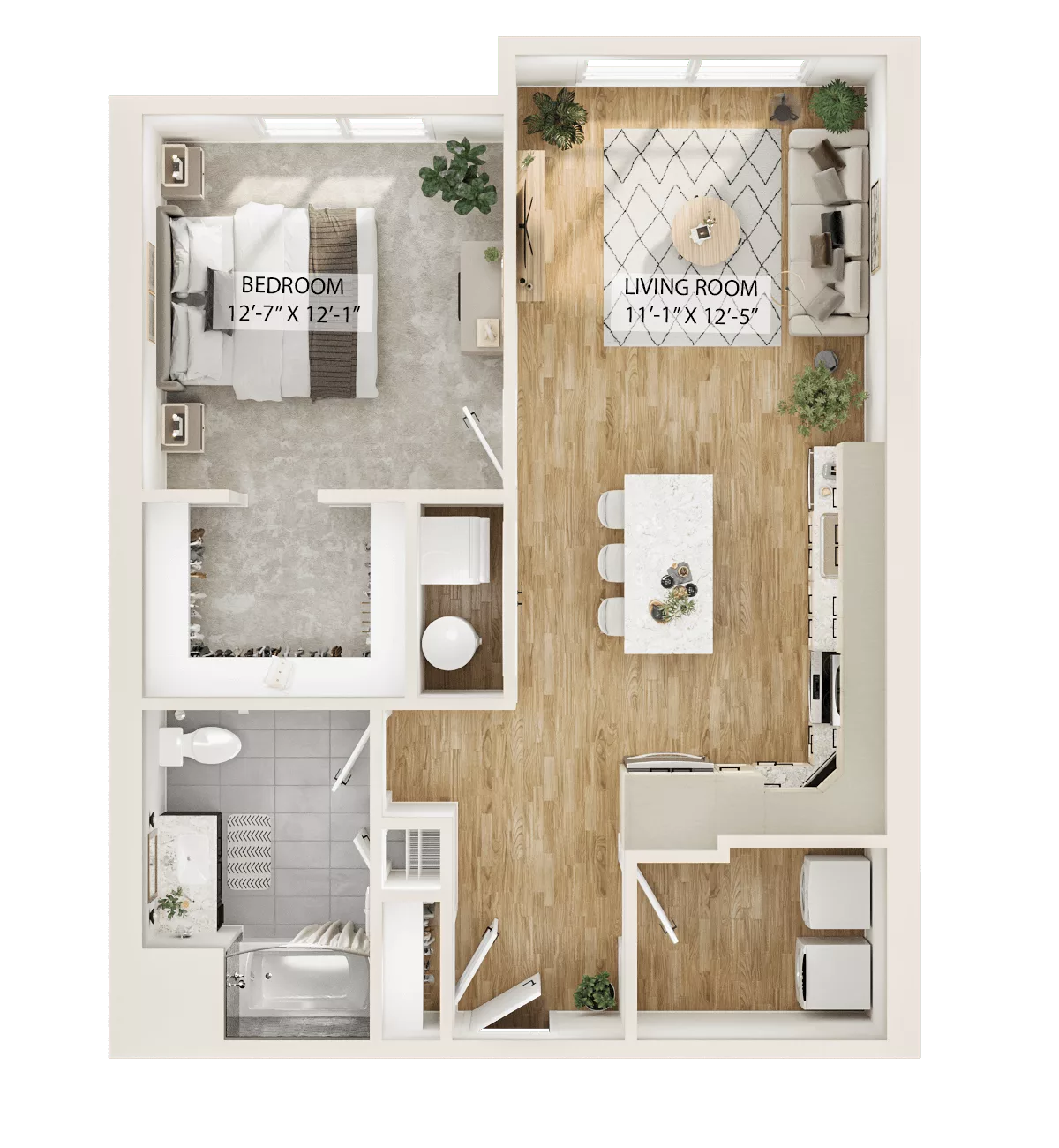 Rendering of the 1 Bed/1 Bath-A2 floor plan with 1 bedroom[s] and 1 bathroom[s] at Piper