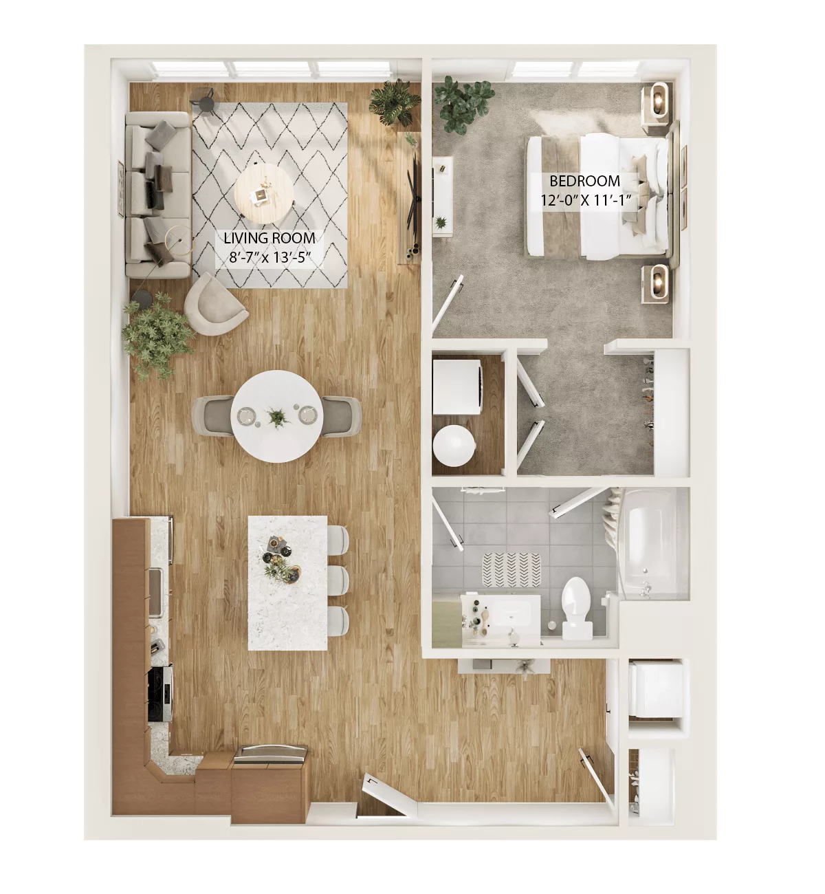 Rendering of the 1 Bed/1 Bath Den-A1D floor plan with 1 bedroom[s] and 1 bathroom[s] at Piper