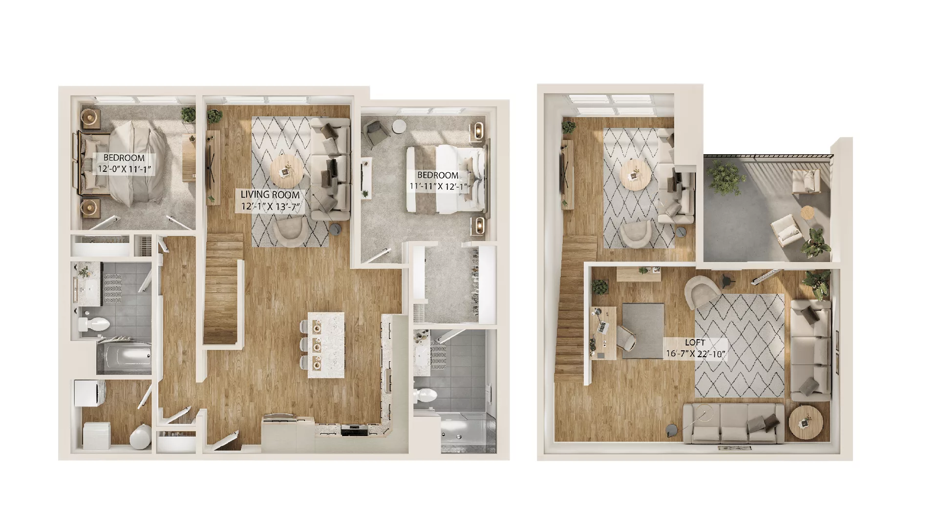 Rendering of the 2 Bed/2 Bath Loft-B8L floor plan with 2 bedroom[s] and 2 bathroom[s] at Piper