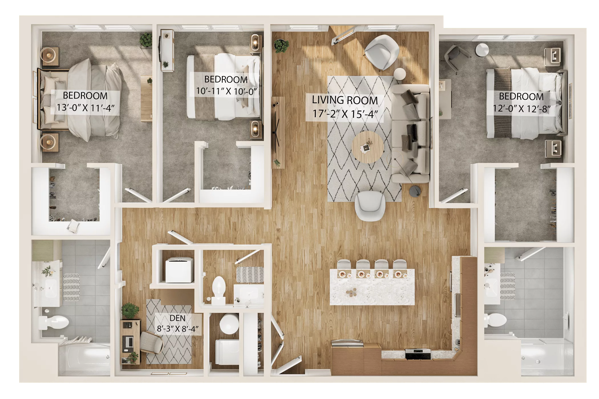 Rendering of the 3 Bed/2 Bath Den-C3D floor plan with 3 bedroom[s] and 2 bathroom[s] at Piper
