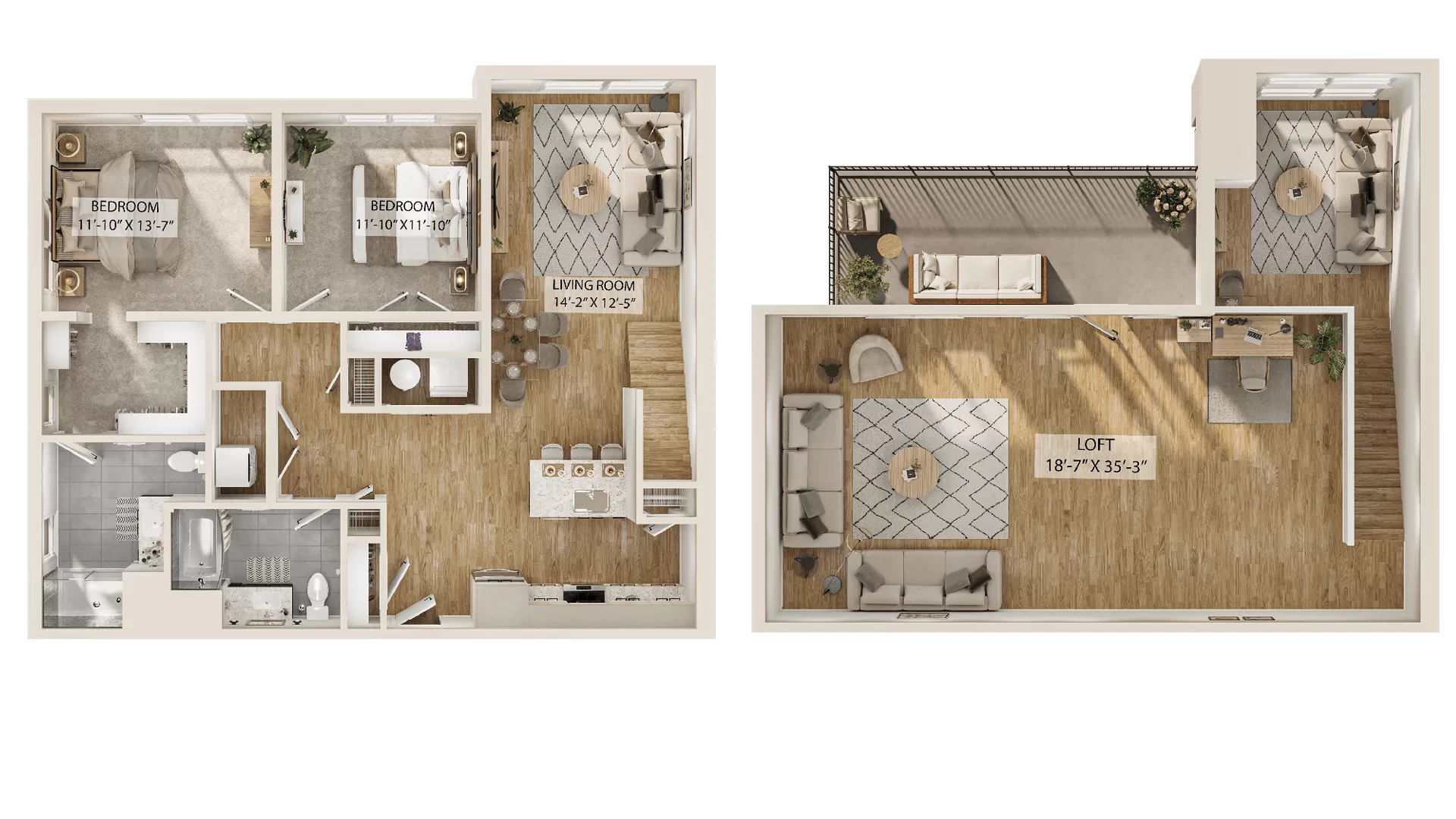 Rendering of the 2 Bed/2 Bath Loft-B2L floor plan with 2 bedroom[s] and 2 bathroom[s] at Piper