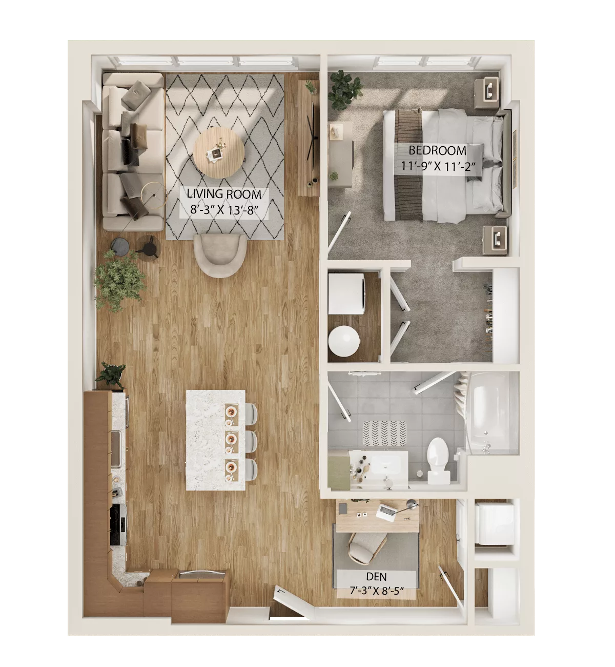 Rendering of the 1 Bed/1 Bath Den-A9D floor plan with 1 bedroom[s] and 1 bathroom[s] at Piper