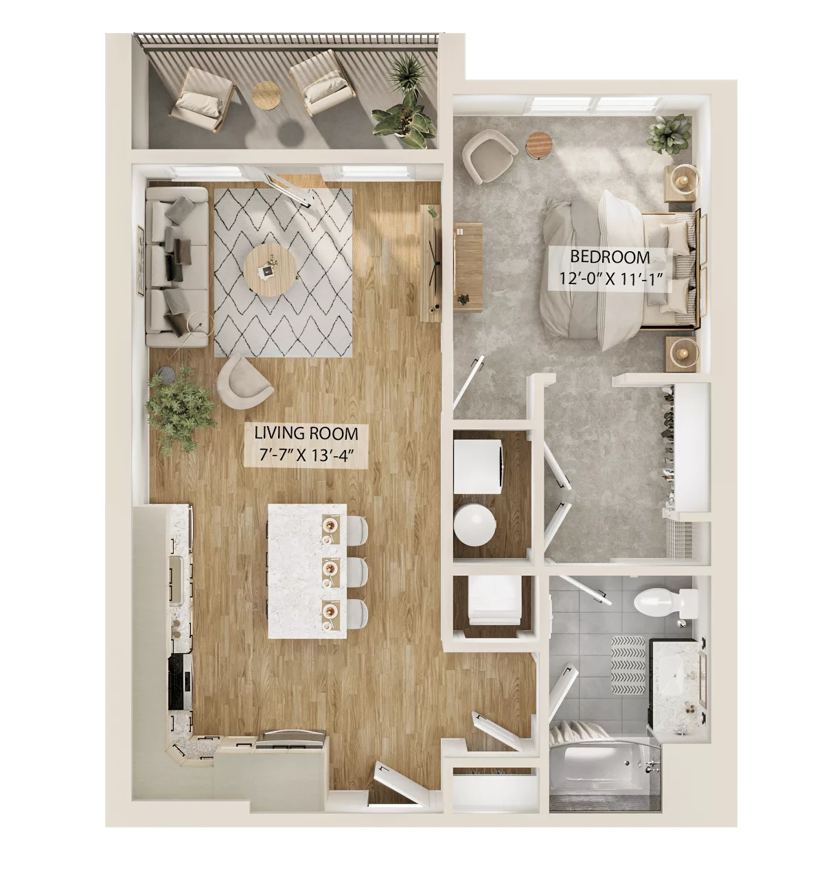Rendering of the 1 Bed/1 Bath-A1 floor plan with 1 bedroom[s] and 1 bathroom[s] at Piper