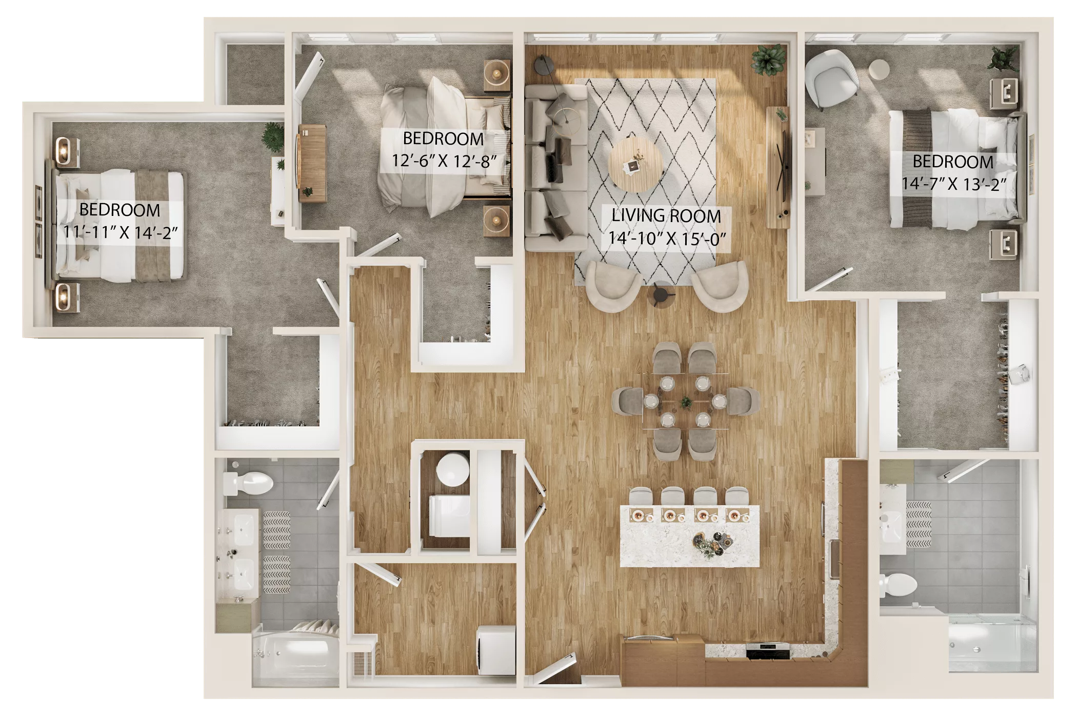 Rendering of the 3 Bed/2 Bath-C1 floor plan with 3 bedroom[s] and 2 bathroom[s] at Piper