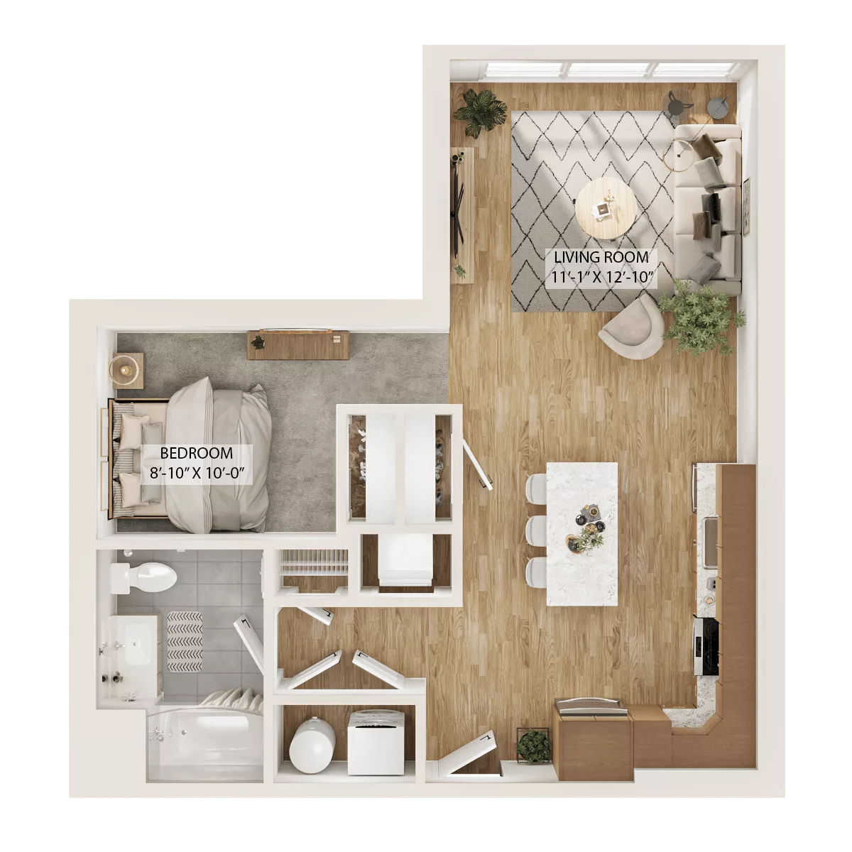 Rendering of the Studio-S1 floor plan with a Studio bedroom and 1 bathroom[s] at Piper