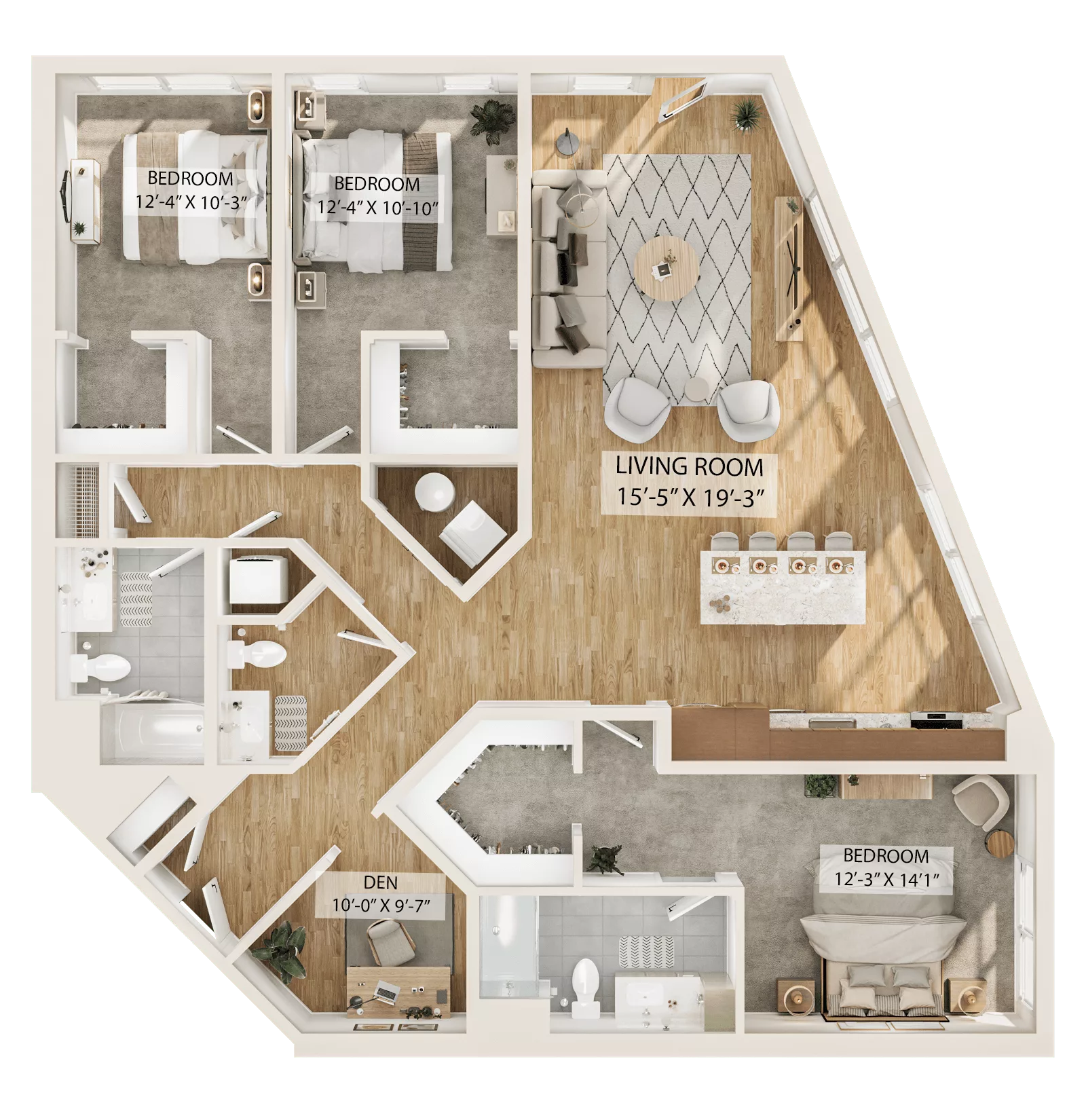 Rendering of the 3 Bed/2 Bath Den-C2D floor plan with 3 bedroom[s] and 2 bathroom[s] at Piper