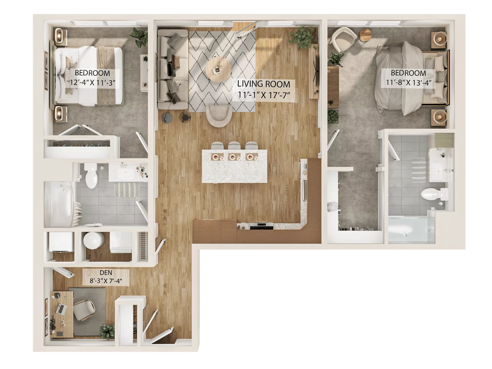 Rendering of the 2 Bed/2 Bath Den-B3D floor plan with 2 bedroom[s] and 2 bathroom[s] at Piper