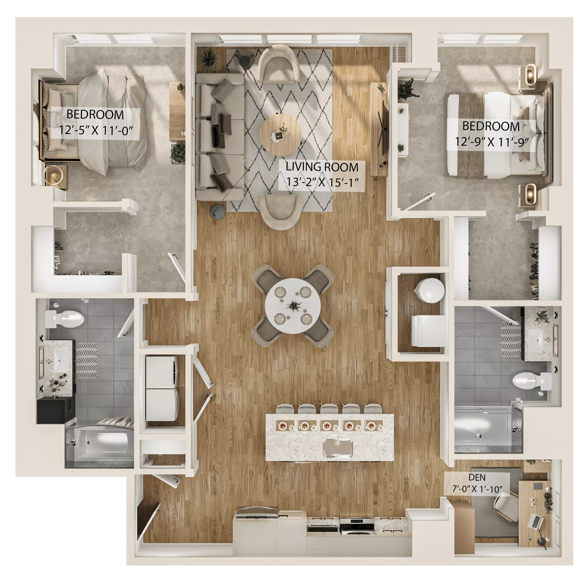 Rendering of the 2 Bed/2 Bath Den-B4D floor plan with 2 bedroom[s] and 2 bathroom[s] at Piper