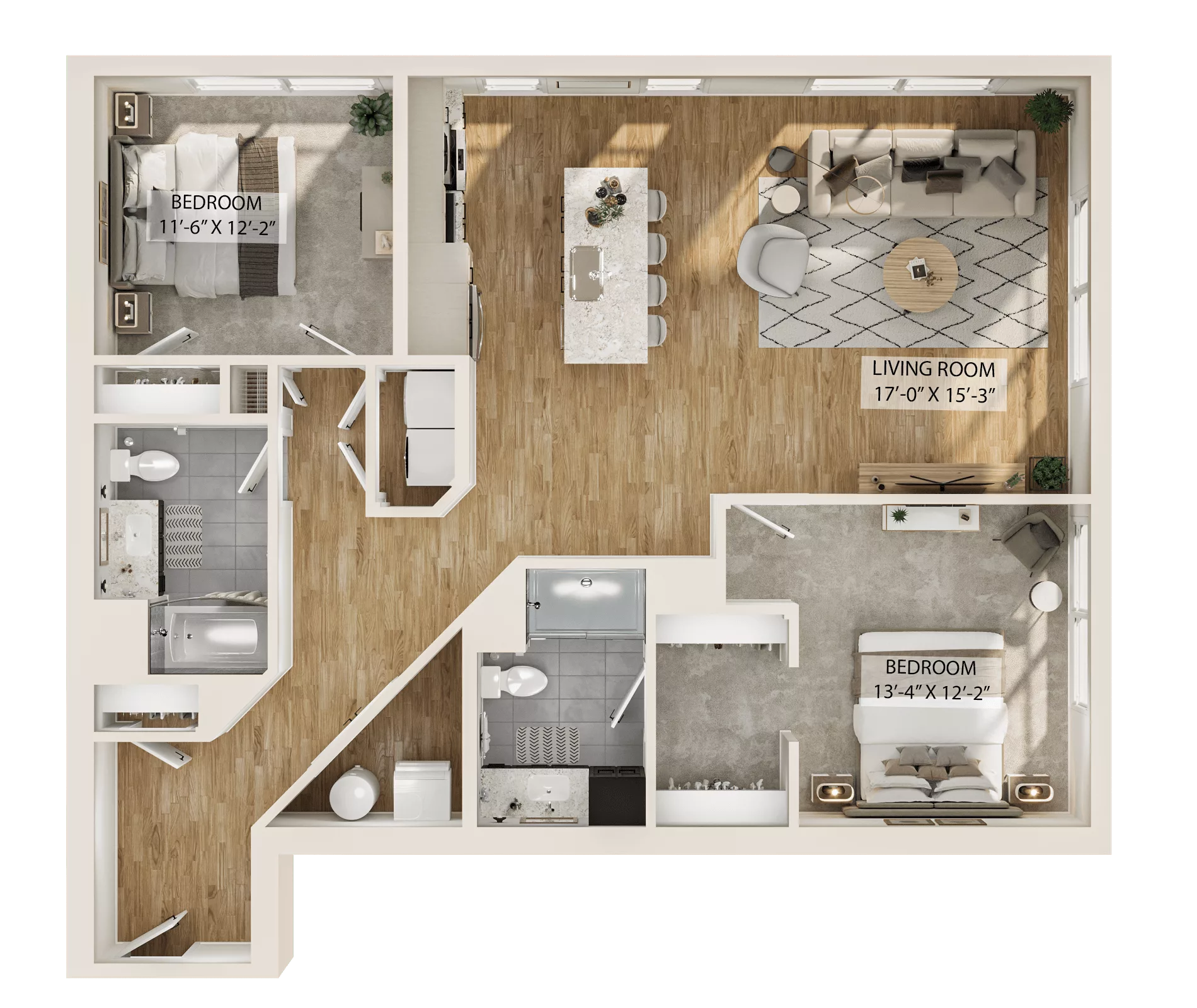 Rendering of the 2 Bed/2 Bath-B4 floor plan with 2 bedroom[s] and 2 bathroom[s] at Piper