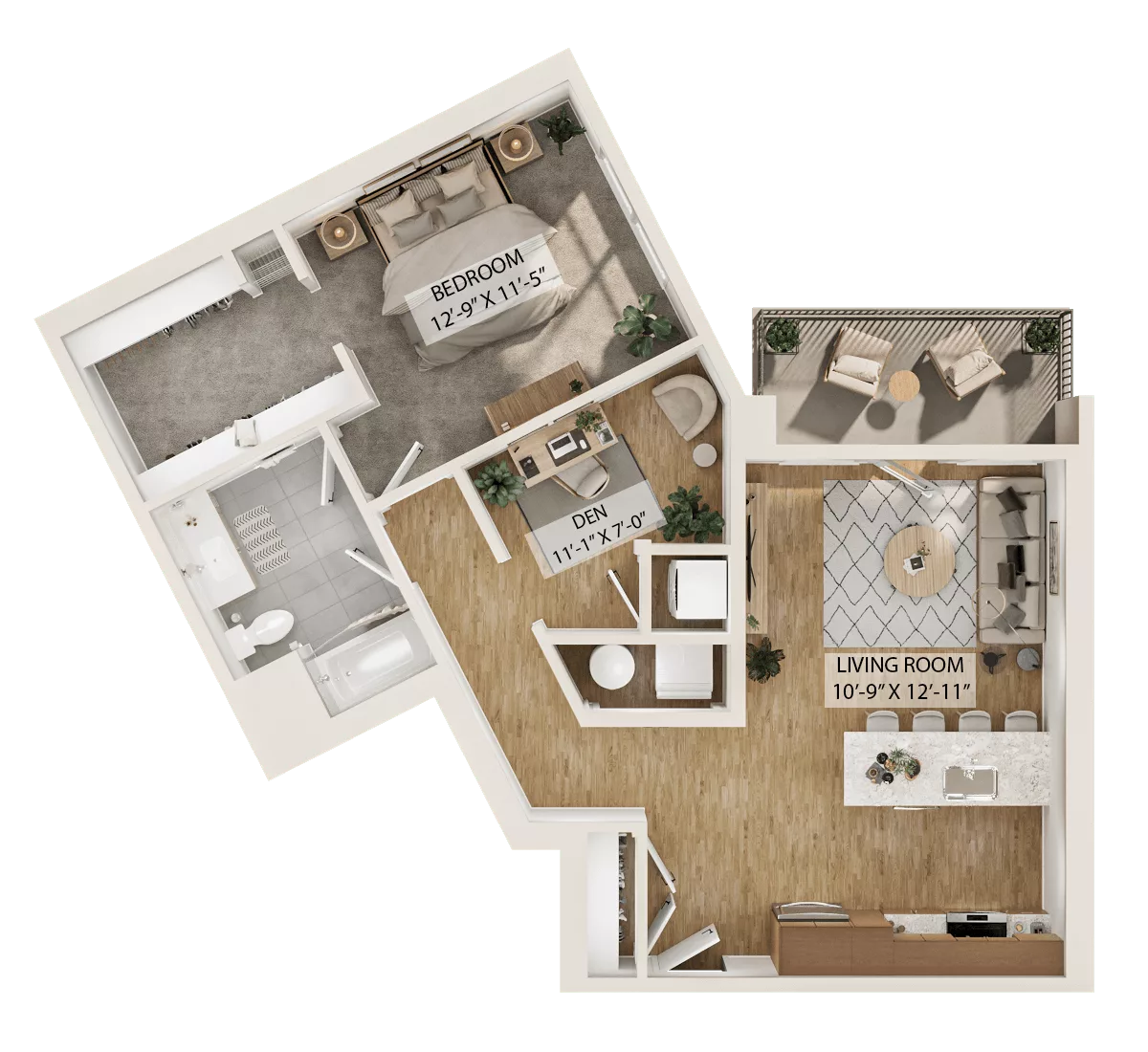 Rendering of the 1 Bed/1 Bath Den-A5D floor plan with 1 bedroom[s] and 1 bathroom[s] at Piper