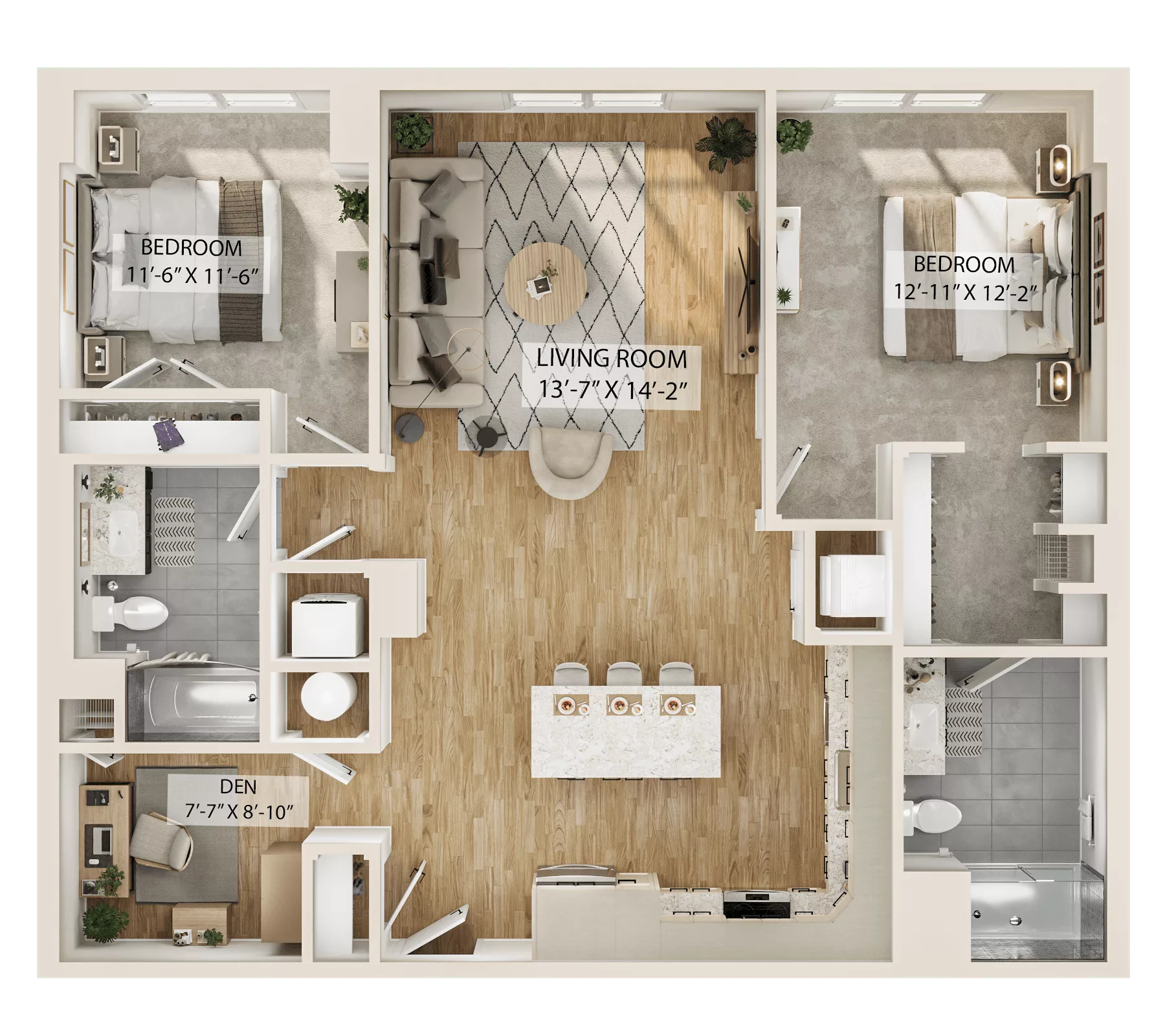 Rendering of the 2 Bed/2 Bath Den-B6D floor plan with 2 bedroom[s] and 2 bathroom[s] at Piper
