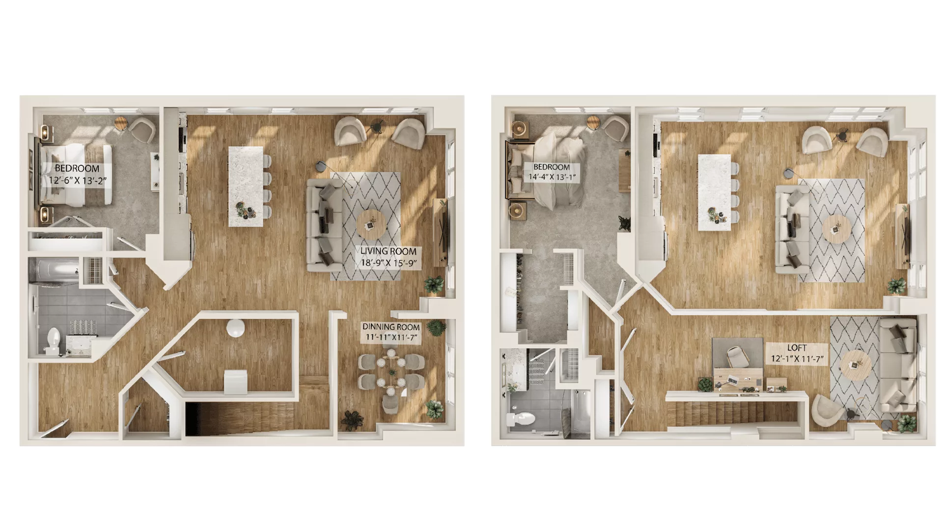 Rendering of the 2 Bed/2 Bath Loft-B7L floor plan with 2 bedroom[s] and 2 bathroom[s] at Piper