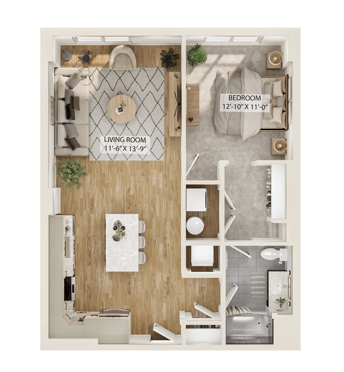 Rendering of the 1 Bed/1 Bath-A7 floor plan with 1 bedroom[s] and 1 bathroom[s] at Piper