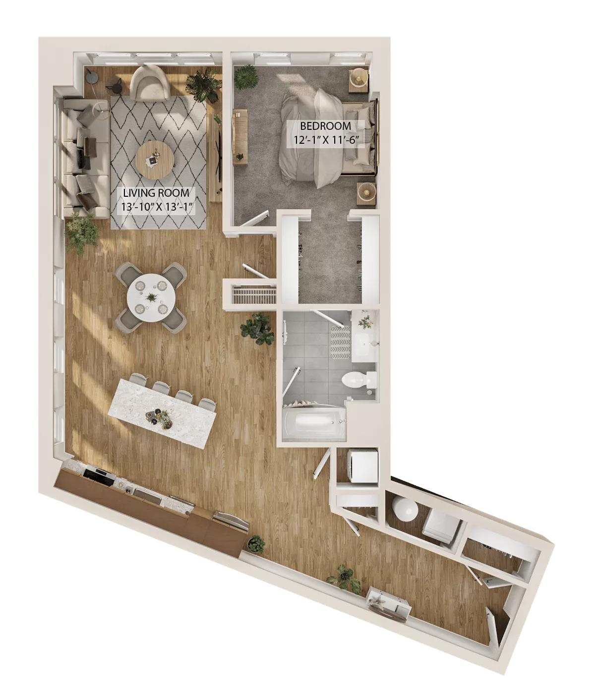 Rendering of the 1 Bed/1 Bath-A5 floor plan with 1 bedroom[s] and 1 bathroom[s] at Piper
