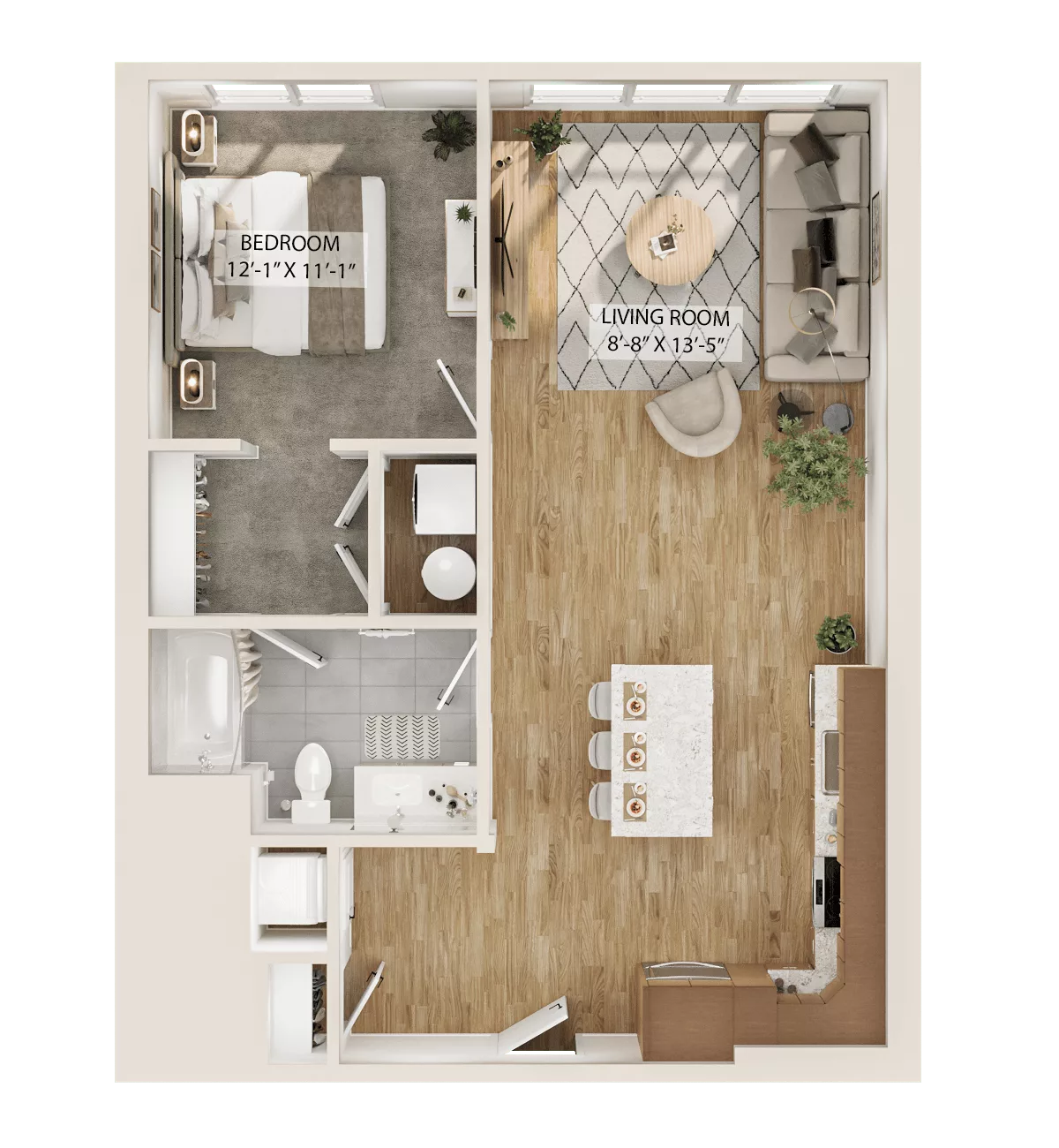 Rendering of the 1 Bed/1 Bath-A8 floor plan with 1 bedroom[s] and 1 bathroom[s] at Piper