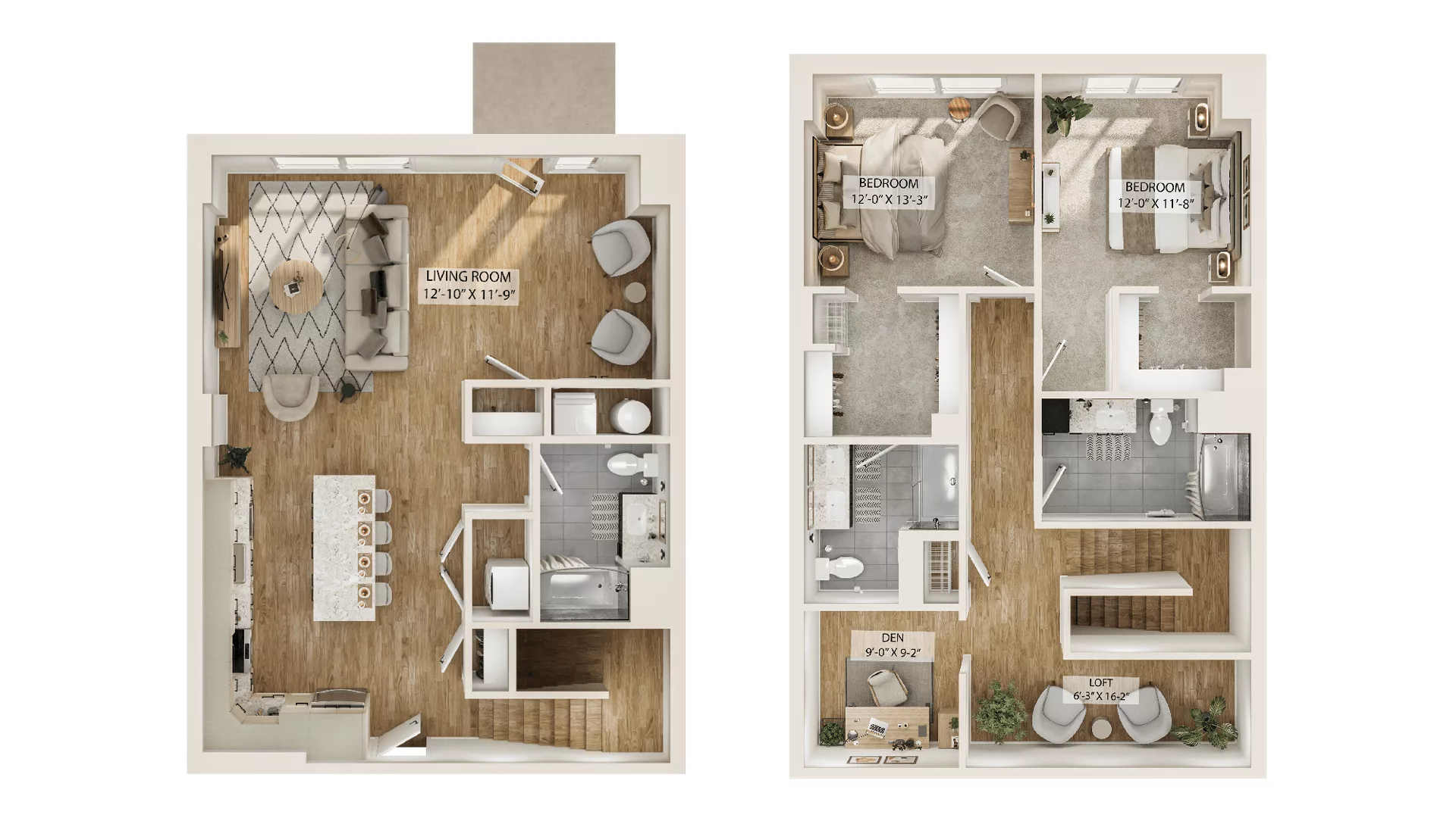 Rendering of the 2 Bed/2 Bath Townhome-TH2 floor plan with 2 bedroom[s] and 2 bathroom[s] at Piper