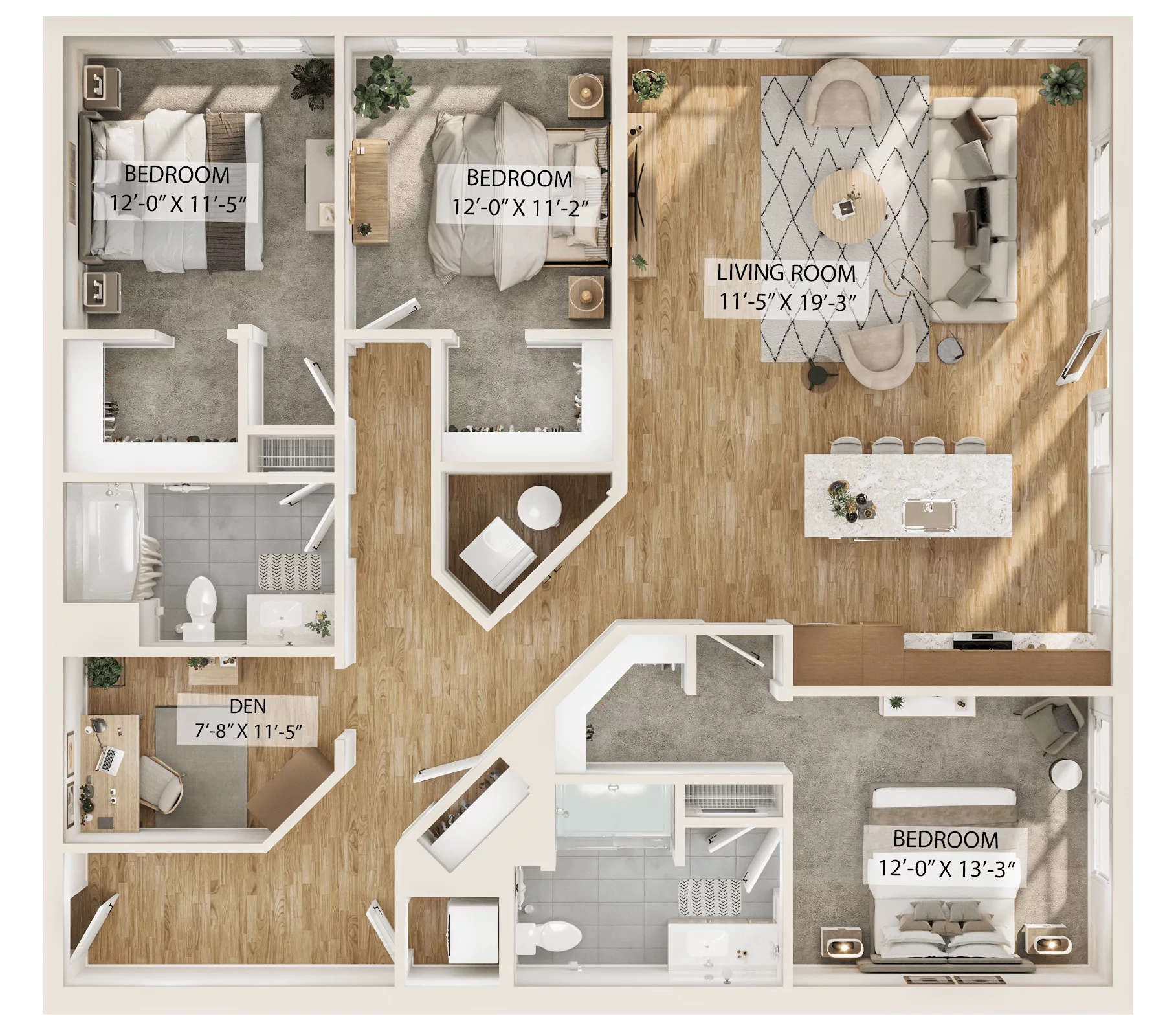 Rendering of the 3 Bed/2 Bath Den-C1D floor plan with 3 bedroom[s] and 2 bathroom[s] at Piper