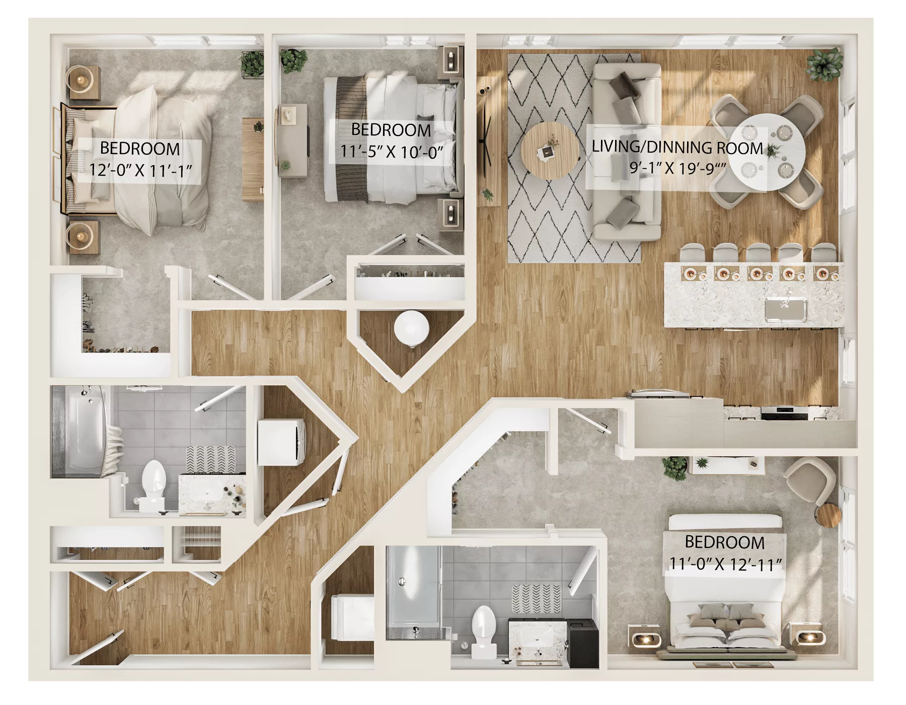 Rendering of the 3 Bed/2 Bath-C2 floor plan with 3 bedroom[s] and 2 bathroom[s] at Piper