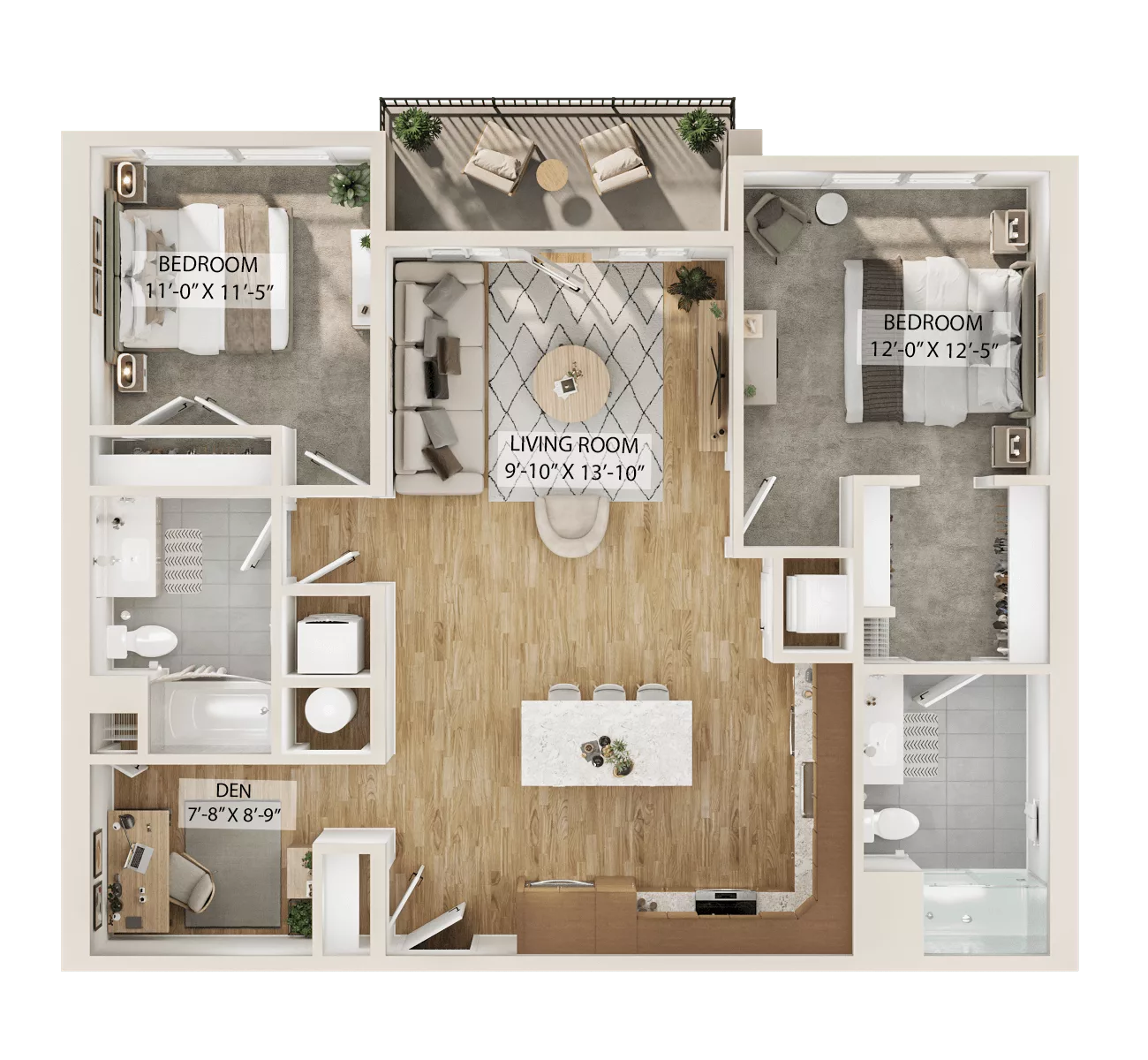Rendering of the 2 Bed/2 Bath Den-B1D floor plan with 2 bedroom[s] and 2 bathroom[s] at Piper