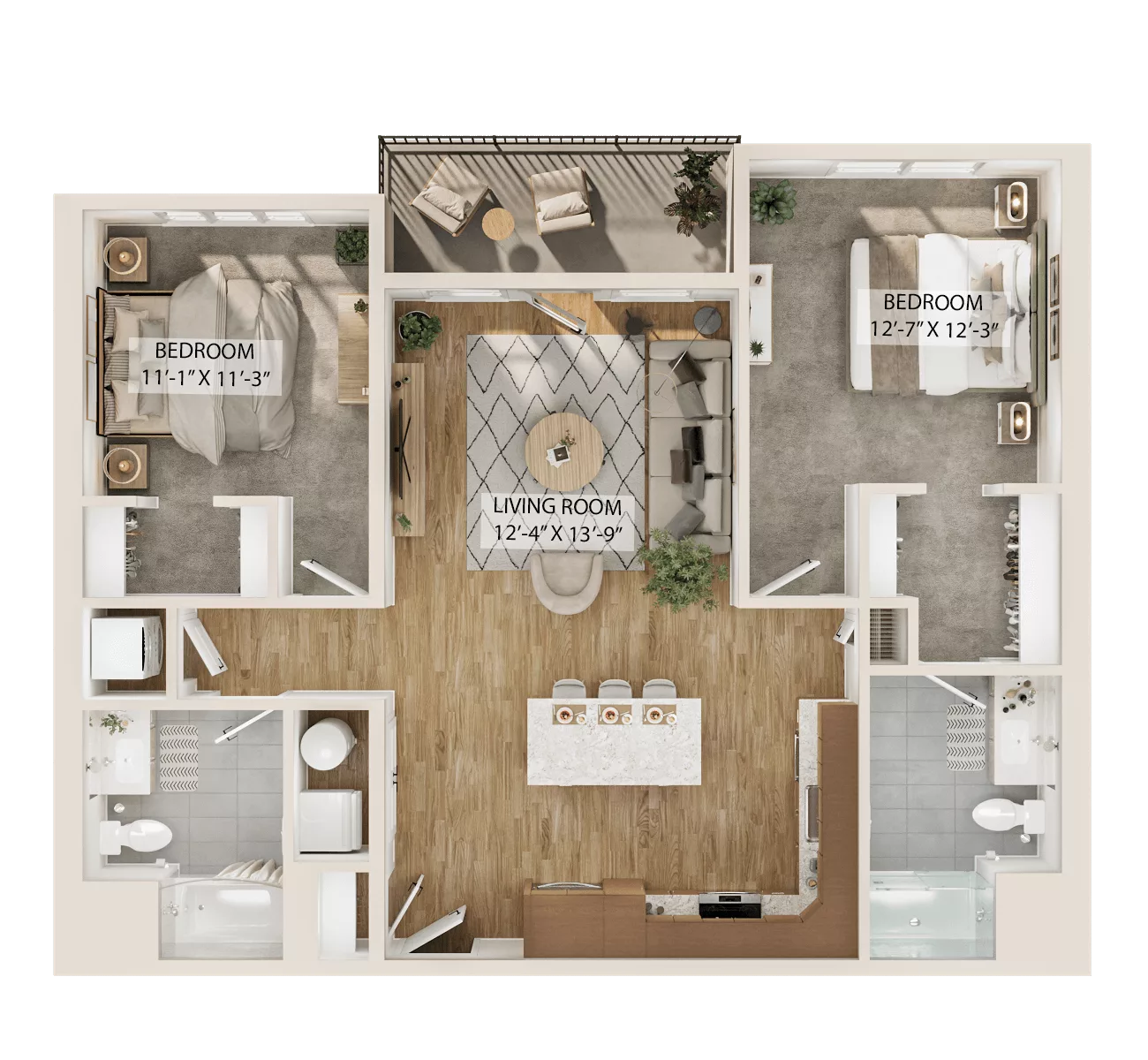 Rendering of the 2 Bed/2 Bath-B1 floor plan with 2 bedroom[s] and 2 bathroom[s] at Piper