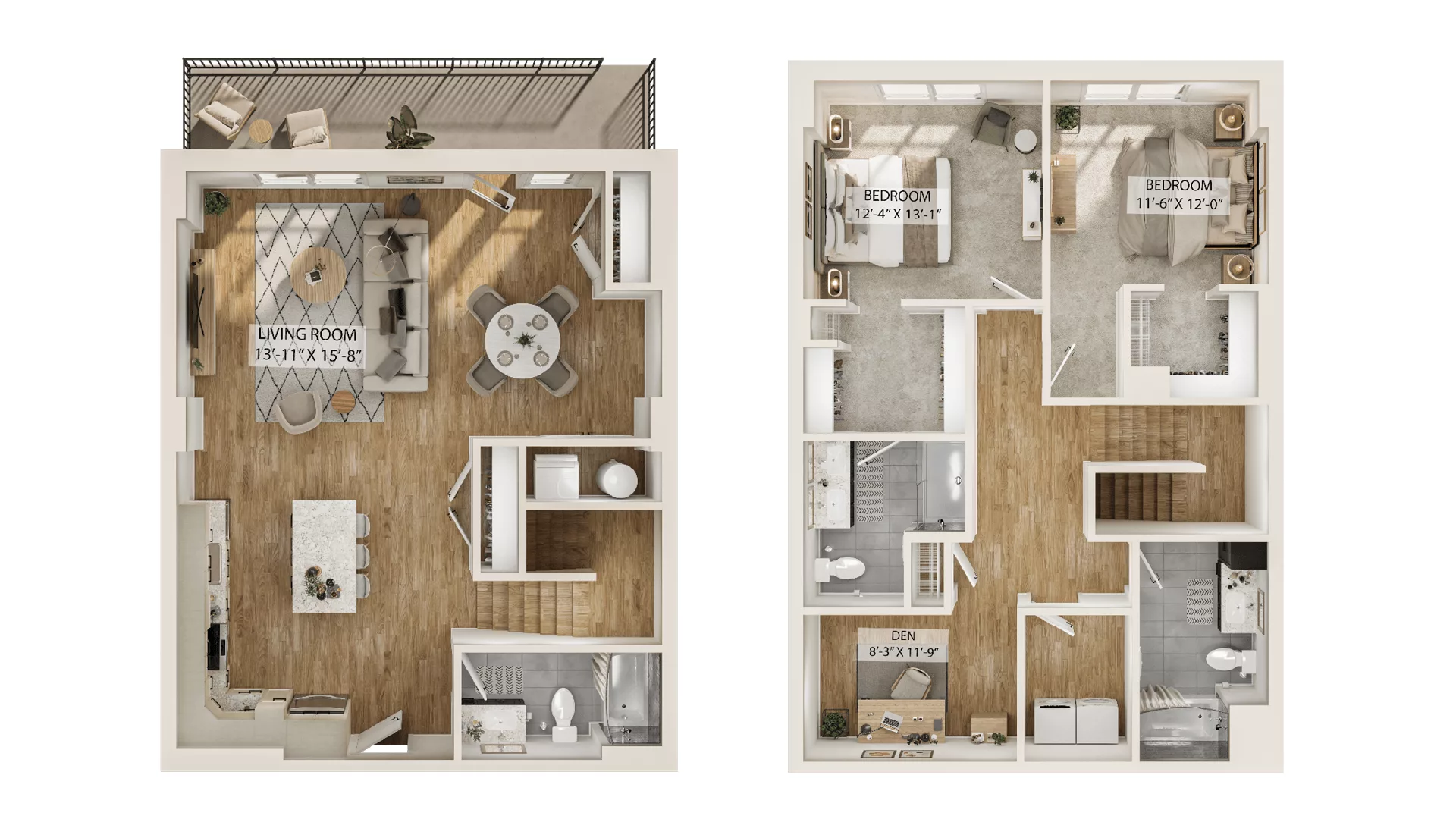 Rendering of the 2 Bed/2 Bath Townhome-TH1 floor plan with 2 bedroom[s] and 2 bathroom[s] at Piper