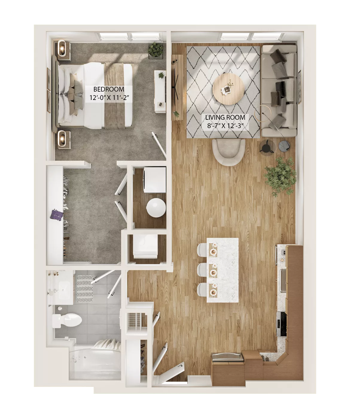 Rendering of the 1 Bed/1 Bath-A4 floor plan with 1 bedroom[s] and 1 bathroom[s] at Piper