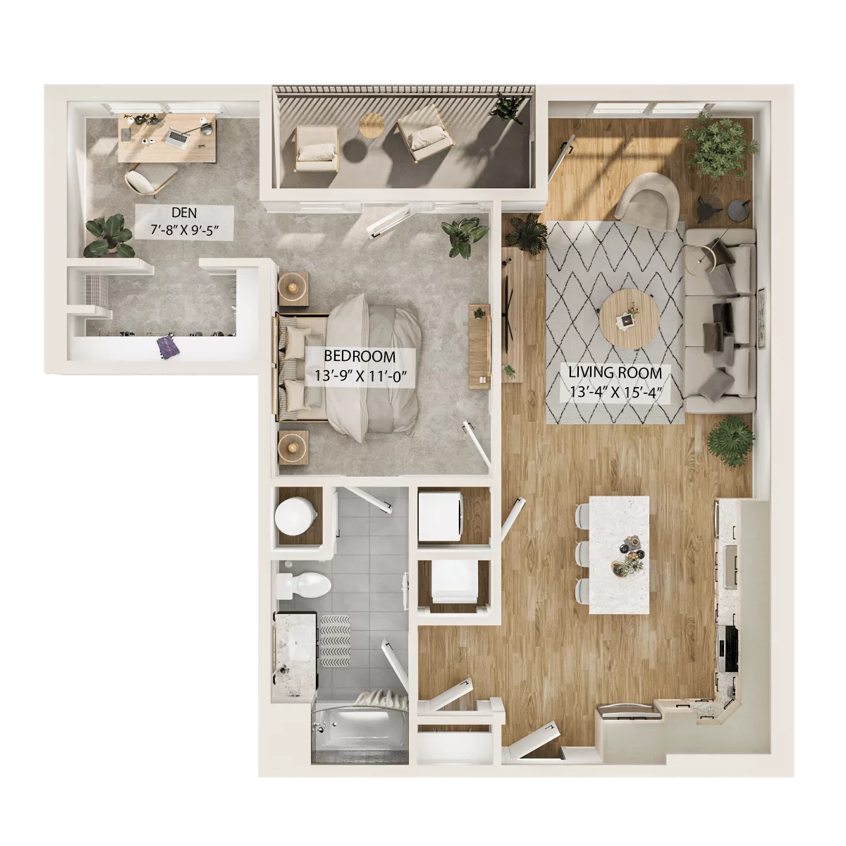 Rendering of the 1 Bed/1 Bath Den-A3D floor plan with 1 bedroom[s] and 1 bathroom[s] at Piper