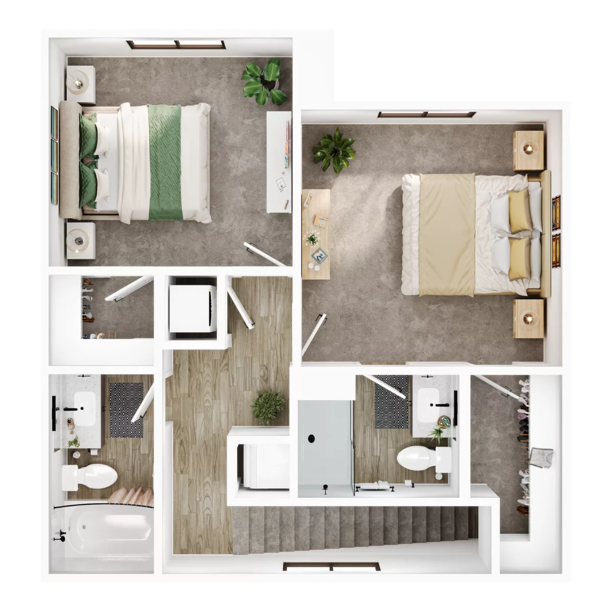 Two-bedroom layout with bathrooms and hallway.