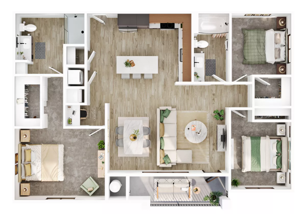 Spacious three-bedroom apartment with open living area.