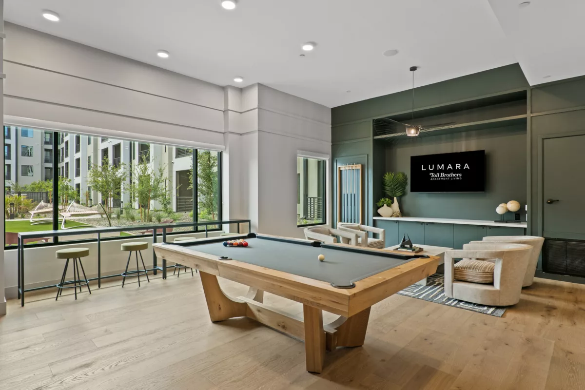 Recreation room with pool table, lounge chairs, and large window overlooking exterior landscaping.